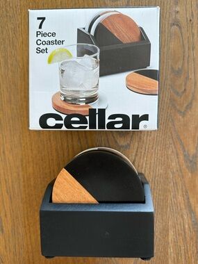 NIB The Cellar 7-Piece Coaster and Holder Set Acacia Wood Black Coasters
